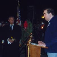 <p>Newtown resident Dan Krauss thanks the Yorktown community at Thursday night&#x27;s vigil.</p>