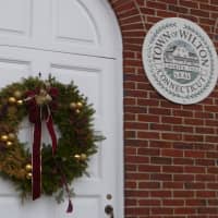 <p>A wreath hangs at Wilton Town Hall. </p>