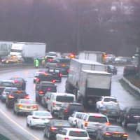 <p>Traffic is backed up on I-95 in Greenwich because of an overturned tractor-trailer. </p>