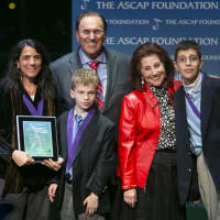 <p>Lisa Sandegata of the Music Therapy institute, Eastchester students Max Shearon and Paul Evangelista accept the ASCAP award with Barbara and John Lofrumento.</p>