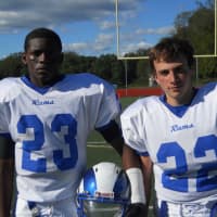 <p>Trevor Chambless, left, and C.J. Falk combined on a 90-yard touchdown pass to give the Rams a 21-20 win over Byram Hills in week three of the football season.</p>