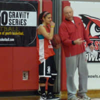 <p>Stamford&#x27;s Kelsey Cognetta talks with Keene State women&#x27;s basketball coach Keith Boucher.</p>