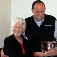 <p>Town board member Dick Lyman receives the Marjorie Fay Sachs award for outstanding community service from Joan Goldberg, Pound Ridge Garden Club awards committee chair.</p>