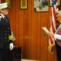 <p>John Munson is sworn in as chief of the Croton Fire Department, his second one-year term, on Wednesday evening. </p>
