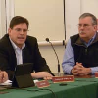 <p>Outgoing New Canaan Town Council member Tom O&#x27;Dea, center, speaks to council members during Thursday&#x27;s meeting. He is flanked by John Emert, left, and Ken Campbell. </p>