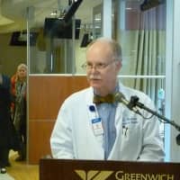 <p>Dr. Dickerman Hollister speaks to a crowd at Tuesday&#x27;s ceremony at the renovated Greenwich Hospital Bendheim Cancer Center.</p>