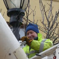 <p>Hastings DPW worker Jim Sagrue braves the rain to take down holiday lights.</p>