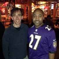 <p>New Rochelle Mayor Noam Bramson (l.) and City Council member Jared Rice (no relation to Ray Rice) attended the Super Bowl party at Applebee&#x27;s.</p>
