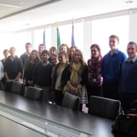 <p>Joan Scerbo, Hope Mazzola and Italian Club students at the Italian Mission to the U.N.</p>