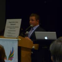 <p>Chris Mancini, a recovering drug addict and best friend of Erik Christiansen, who died of a heroin overdose, speaks at Thursday&#x27;s drug action forum in Yorktown.</p>