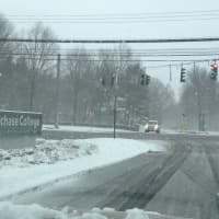 <p>The entrance and roads at SUNY Purchase were a mess Friday as Winter Storm Nemo hit the area. </p>