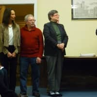 <p>United Methodist Church members and friends (from left) Bobbie McCann, Andre Ferrara and Rev. Karen Burger accepted the plaque declaring Feb. 8, 2013 &quot;Edna McKinney Day&quot; in Mount Kisco. At right is Mayor Michael Cindrich. </p>