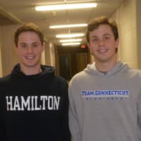 <p>Weston Chris Collins, left, and his brother, Kenny, are baseball players at Fairfield Prep who have also found success running at indoor track meets this winter.</p>