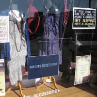 <p>Aurora&#x27;s store window is fully decked out for bra donations.</p>