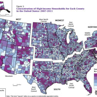 <p>This map shows the concentration of high-income homes in each county around the country, according to data collected between 2007-11.</p>
