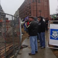 <p>Connecticut construction workers shout at out-of-state workers at a Stamford site.</p>