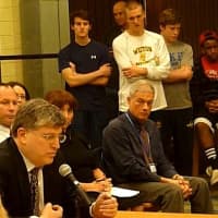 <p>Weston basketball players listen to a speaker at Monday&#x27;s Board of Education meeting. </p>