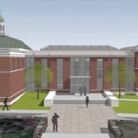 <p>The side view of the proposed renovation of New Canaan Town Hall, featuring a skylight in the middle of the expanded rear. </p>