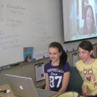 <p>Fairfield Woods Middle School students share a Skype conversation with ESPN writer Stacey Pressman. </p>