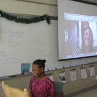 <p>Fairfield Woods Middle School students share a Skype conversation with ESPN writer Stacey Pressman.</p>