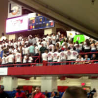 <p>Jeff Lynch said his team feeds off the energy of the Byram Hills student section, seen here with their backs turned during the Peekskill player introductions.</p>