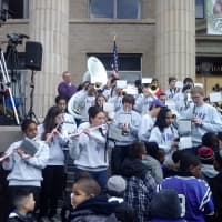 <p>The New Rochelle Pep Band plays the school fight song.</p>