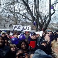 <p>Residents flocked to the lawn of City Hall Saturday to get a glimpse of Super Bowl champion Ray Rice.</p>
