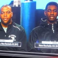 <p>New Rochelle coach Rashuan Young and Khalil Edney on ESPN with Hannah Storm.</p>