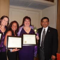 <p>L-R: Relay for Life leaders Monnica Garrigan, Donna D&#x27;Andrea and Jane McCarthy pose with Yorktown Council member Vishnu Patel.</p>