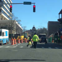 <p>Construction blocks the two left lanes on Main Street Tuesday.</p>