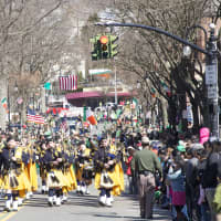 <p>The Westchester Police Emerald Society marched down Beekman Avenue.</p>