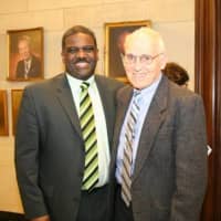<p>Ken Jenkins (D - Yonkers), chairman of the county Board of Legislators, and John Gallagher (right), of Ossining. </p>