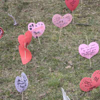<p>The hearts are on display in front of the Anne Hutchinson Elementary School in Eastchester.</p>