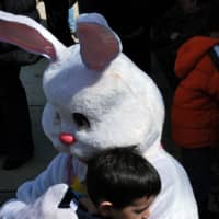 <p>The Easter Bunny has a hug for one youngster at Hilltop Farms in Croton.</p>