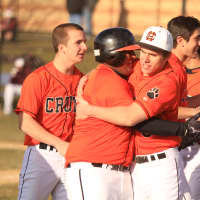 <p>Tom Syku (5) hugs Chris Dreier in the midst of Croton&#x27;s seven-run rally in the fourth inning Tuesday.  </p>