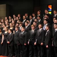 <p>Wilton High School musucuans Evaline Xie (back row, sixth from left) and Xavier Gilles (front row, fourth from right) last week performed in the All-State Choir in Hartford. </p>