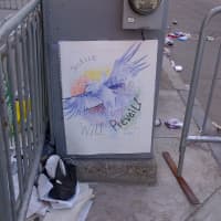 <p>This photo of artwork at the corner of Boylston and Arlington Streets was taken three blocks from the finish line.</p>