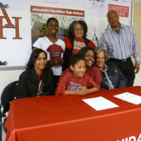 <p>Alexander Hamilton&#x27;s Maia Hood and her family at Hood&#x27;s college letter signing.</p>