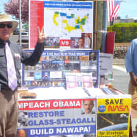 <p>Matt Guice, a member of the LaRouche Political Action Committee, shares the group&#x27;s message in New Canaan on Tuesday. </p>