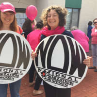 <p>Francine List, left, of Tarrytown, with her daughter, Lizzie Nutig at a Planned Parenthood rally in White Plains.</p>