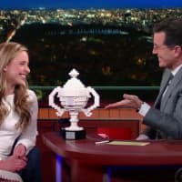 <p>Greenwich High School junior Olivia Hallisey makes an appearance on the &quot;Late Show With Stephen Colbert&quot; on Monday.</p>