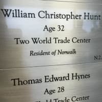 <p>Two plaques at the 9/11 Memorial at Sherwood Island State Park in Westport. </p>