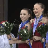<p>Silver medalist Emilia Murdock, far left, on the podium with, from left, gold medalist Stephanie Ciarochi, bronze medalist Ariela Masarsky and pewter medalist Emily Zhang.</p>