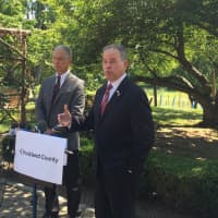 <p>Ed Day was joined by Dan Miller, Ph.D., Rockland Department of Health, Water Supply Program Manager, and County Legislator Harriet Cornell to announce a Stage II Water Emergency in Rockland.</p>