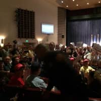 <p>The crowd chants at a few protesters are removed from the Klein in Bridgeport before the start of the rally for Republican presidential candidate Donald Trump. More protesters would be removed during the event.</p>