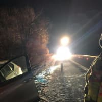 <p>A car hit a guardrail on Route 7 in Brookfield on Christmas</p>