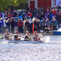 <p>The silver-medal SRC junior women&#x27;s 4+ included, from left, SRC head girls coach Gordon Getsinger, Elisabeth O’Brien, Camila Meyer-Bosse, Isabelle Grosgogeat, coxswain, Imogen Ratcliffe and Sophie Pendrill. Three of the girls are Westp</p>
