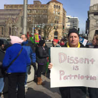 <p>Andrew Falk, one of the organizers of Social Justice Mondays, at the latest rally in downtown White Plains.</p>