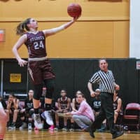<p>Maya Klein of St. Luke&#x27;s glides in for a basket during a win over Masters.</p>