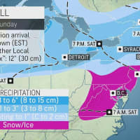 <p>A look at areas expected to see a mix of snow, ice, and freezing rain (purple) and snow (light blue and blue).</p>